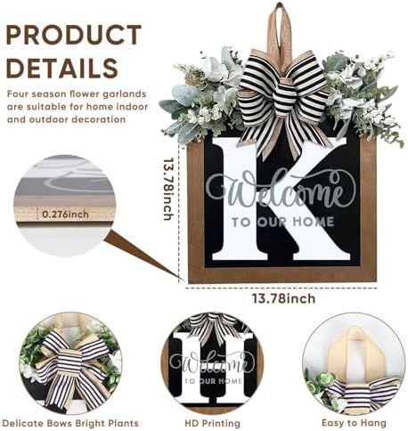 Ultra Large 14'' Last Name All Year Round Front Door Wreath with 26 Initial Letter Welcome Sign All Seasons Eucalyptus Garland and Bow Wreaths for Front Door Porch Farmhouse Decoration (K) - Image 4