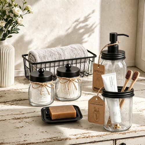 SheeChung Mason Jar Bathroom Accessories Set,6Pcs Rustic Bathroom Set,Black - Image 5