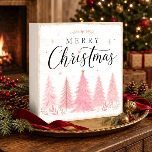Christmas Decorations Pink Pine Tree Merry Christmas Wood Box Sign - Image 3