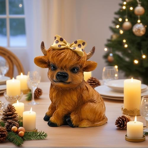 Highland Cow Figurine for Tie a Bow Decor, Highland Cows Themed Gifts for Women, Resin Figures Home Desk Decorations Accents (Brown) (1, Highland Cow Figurine(Brown)) - Image 2