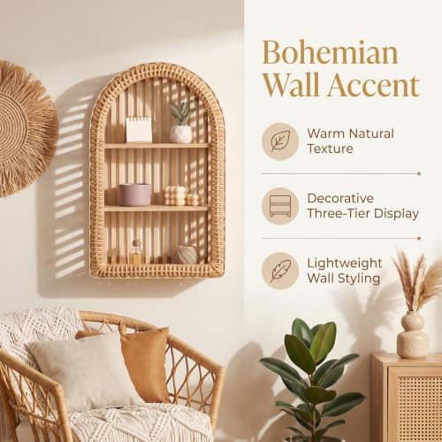 Rattan Wall Shelf - 3 Tier Boho Arched Wicker Hanging Shelves - Image 6