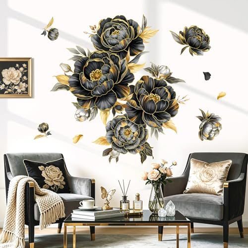 decalmile Black Gold Flower Peony Floral Leaves TV Wall Decals Stickers - Image 3