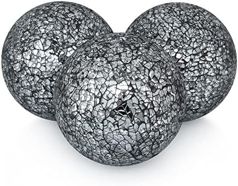 MDLUU 4" Decorative Orbs, Mosaic Sphere Balls, Centerpiece Balls for Bowls, Vases, Dining Table Decor, Pack of 3 (Black Silver) by MDLUU