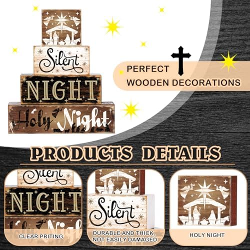 Moucuny 4 Pcs Christmas Wooden Signs Holy Night Farmhouse Table Decor - Image 3