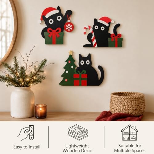 Lucky Merit Black Cat Christmas Decor, 3 Pcs Wooden Cat Wall Decorations - Image 2