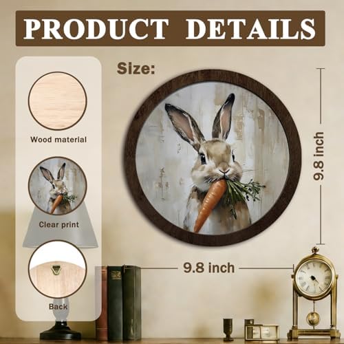 CFFJLHN Vintage Easter Carrot Bunny Wall Art Decor, Rustic Farmhouse Spring Cottage Easter Rabbit Bunny Round Hanging Wall Decor for Home Bedroom Living Room Kitchen, 10x10 Inch - Image 7