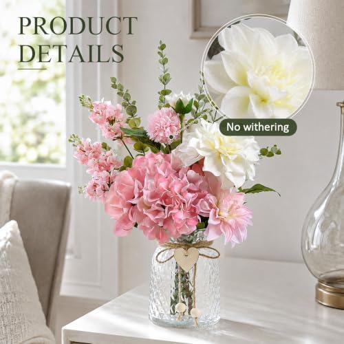 Artificial Pink Hydrangea Dahlias Mixed Bouquet in Vase for Farmhouse Decor - Image 6
