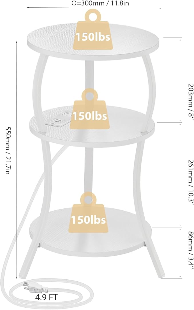 Small Round Side Table with Charging Station, 3-Tier Waist Circular End Table - Image 3