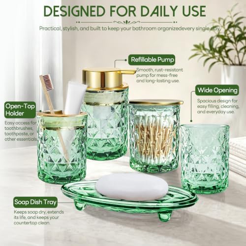 Green Bathroom Accessories Set with Shower Curtain and Liner, 7-Piece Bathroom Decor Set, Soap Dispenser, Toothbrush Holder, Soap Dish, Vanity Tray, Complete Bathroom Makeover Set - Image 3