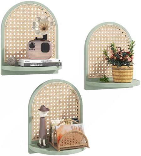 Rattan Wall Shelf Set of 3, 7''Green Rattan Shelves with Wicker Decor, Boho Decor Small Floating Shelves for Wall, Arched Shelf for Plant Figurines Display,Mini Shelves for Knick Knack Storage by MVPSONAG