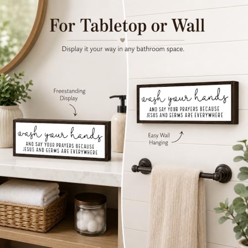 Funny Bathroom Wooden Sign, Wash Your Hands And Say Your Prayers, Funny Farmhouse Bathroom Wall Decor, Rustic Wood Restroom Sign for Home Guest Bath, Humorous Wood Bathrooms Decor, 9.5 x 3.1 Inches - Image 2