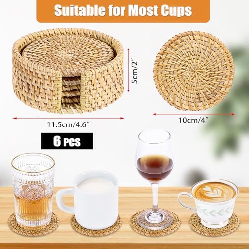Drink Coasters Set of 6-Handwoven Rattan Coaster with Holder,Natural Rattan - Image 4
