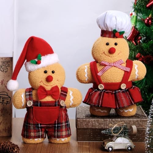 BWFY Set of 2 Christmas Decorations Indoor Gingerbread Man with Chef Hat Bowknot for Christmas Ornament Home Decor Gingerbread Doll for Gift Door Window Table Tree Holiday Xmas Season Decor by BWFY