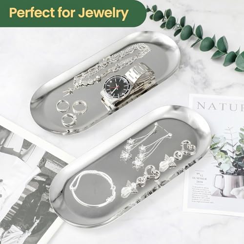 2PACK Silver Decorative Tray, Bathroom Vanity Tray for Dresser Counter, Stainless Steel Jewelry Dish Tray for Decor, Perfume Ring Key Candle Organizer Tray, Oval - Image 5