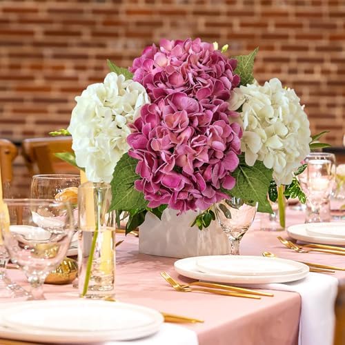 JINWOE Magenta Pink Hydrangea Artificial Flowers, 4Pcs 21” Latex Real Touch Flowers, Full Faux Silk Flowers Fake Artificial Hydrangeas with Stems for Bouquet Table Centerpieces Wedding Baby Showers - Image 5