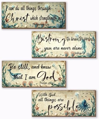 4 Pieces Sea Turtle Decor Ocean Beach Bathroom Decor With Bible Verses Wooden Christian Farmhouse Sign for Home Religious Prayer Wall Art for Living Room Office Bedroom(Turtle,10x4") by Unknown