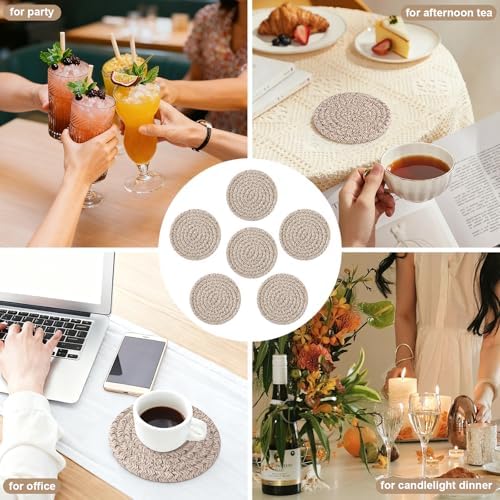 OIAHOMY 10 Pcs Drink Coasters with Holder, Boho Cotton Woven Coaster Set, Absorbent Coaster Protection for Various Cups, Ideal for Coffee Tables Home Decor and Gift, 4.3 Inches, Brown - Image 5
