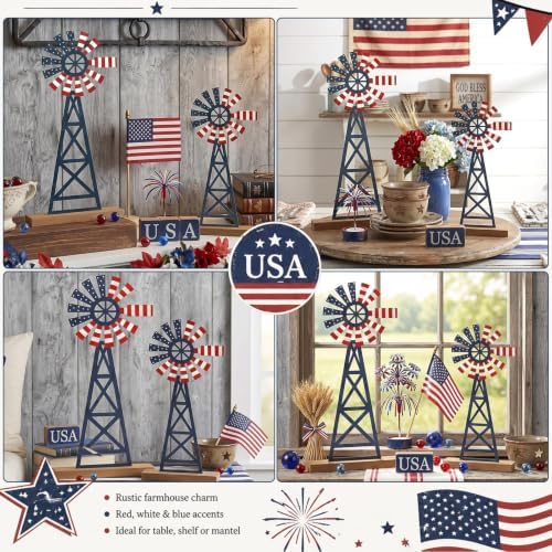 Tandefio 2 Pcs 11.8 Inch Metal Patriotic Farmhouse Windmill Tabletop Decor - Image 5