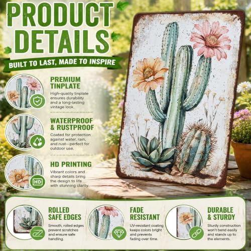 Bouquet Square Vintage Tin Sign Cactus Wall Art Cacti Art Wall Sign Decor for Home Kitchen Garage Outdoor Yard Farmhouse 8x12 Inch - Image 3