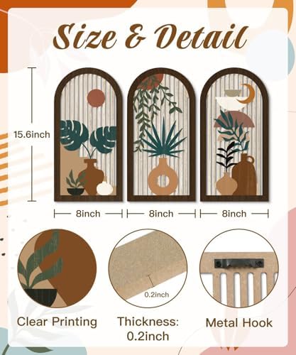 Putuo Decor Boho Wall Art, Abstract Botanical Room Decorations with Leaf & Sun Lines, Modern Minimalist Wooden Wall Decor 16x8 In Mid Century Artwork for Living Room Bedroom Office Set of 3 - Image 3