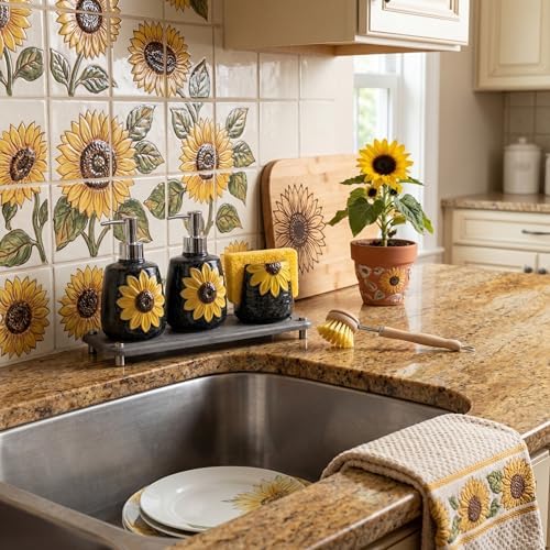 4 Pcs Sunflower Kitchen Decor Ceramic Soap Dispenser Set - Image 3