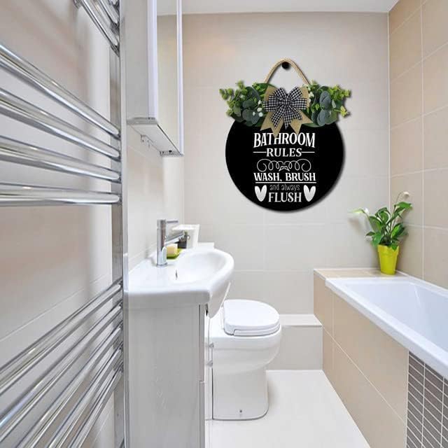 Farmhouse Bathroom Decor,Bathroom Rules Sign,Rustic Round Wooden Wreath Sign,Funny Bathroom Decor Wall Art For All The Seasons - Image 6