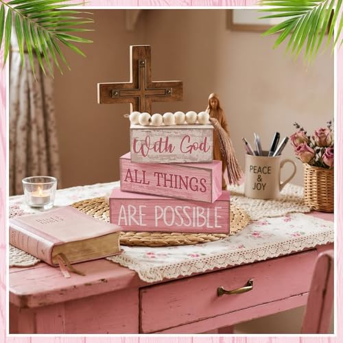 Yuntau 4 Pcs Pink Shelf Decor Wooden Blocks Farmhousetiered Tray Decor - Image 3