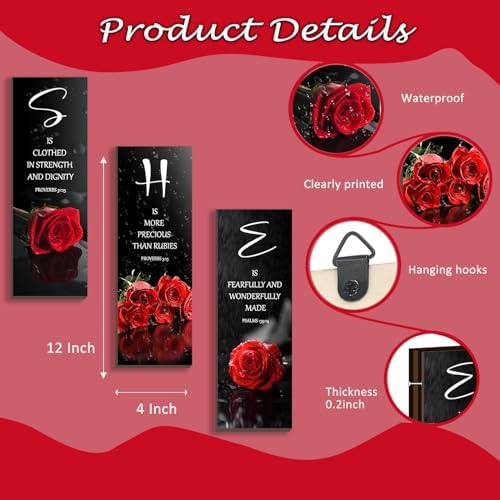 DONFENTHY 3 Pcs Red Bedroom Decor Red Rose Wooden Wall Decor Red Bathroom Inspirational Farmhouse Office Decor With SHE Bible Words Signs For Women Girl Bedroom Home (12x4Inch) - Image 4
