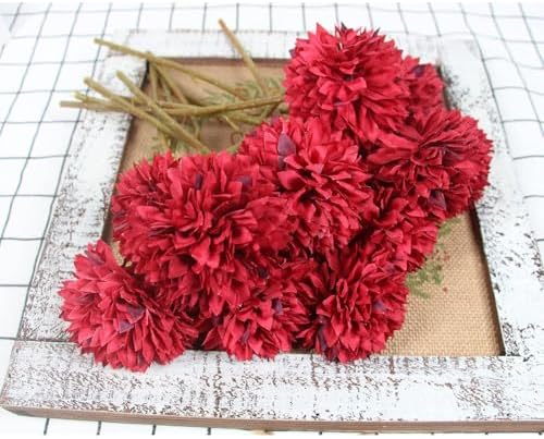 Tinsow Artificial Flowers Faux Ball Chrysanthemum Bouquet Flowers Bridal Wedding Bouquet for Home Garden Party Wedding Decoration (12, Black, Red, Orange) - Image 6