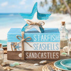 Geelin 4 Pcs Summer Beach Tiered Tray Decor Wooden Book Stack Signs, Starfish Seashell Coastal Nautical Table Centerpiece for Shelf Coffee Bar Home Kitchen Beach House Decorations - Image 2