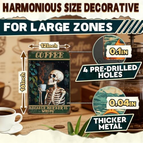 Vintage Coffee Skull Metal Tin Sign Funny Gothic Coffee Bar Wall Decor Retro Skeleton Kitchen Sign for Coffee Nook Cafe Home Restaurant Office Spooky Decor 12x16 Inch - Image 2