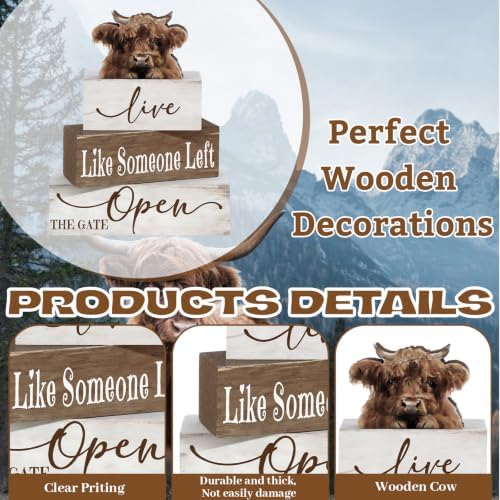 Moucuny 4 Pcs Highland Cow Table Decorations Set Wooden Tiered Tray Decor Farmhouse Table Centerpiec Stacked Wooden Block Signs for Fireplace Mantel Home Shelf Kitchen - Image 2