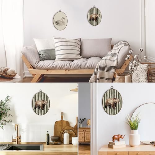 dvhdajed Vintage Brown Bear Oval Wall Art Decor, Sage Green Striped Baby Boy Room Framed Canvas Art, Farmhouse Rustic Bear Wall Hanging Decor for Boys Nursery, Farm Animal Decorations, 8.7x11.3 Inch - Image 5