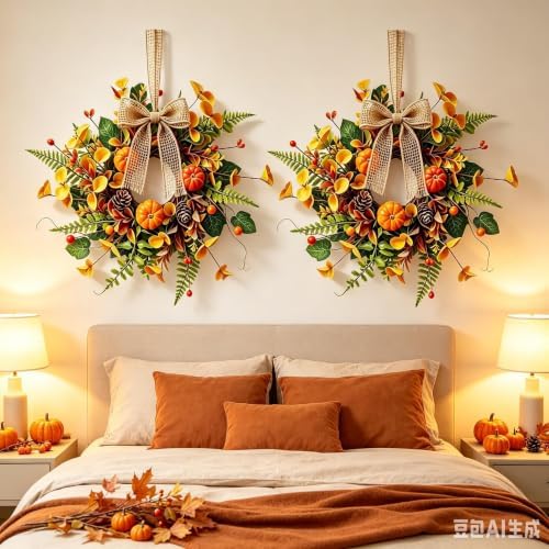 4 PCS Mini Fall Wreaths for Kitchen Cabinets Small Fall Hanging Wreath with Pumpkins Pinecones Berries Eucalyptus Thanksgiving Wreath for Front Door Window Cabinet Farmhouse Decor - Image 6