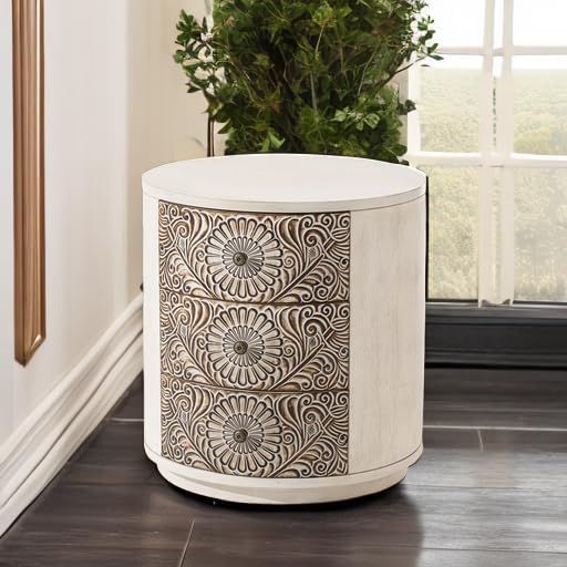 HOMPUS Round End Table with Carved Floral Pattern, Vintage Nightstand w 3 - Image 5