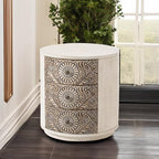 HOMPUS Round End Table with Carved Floral Pattern, Vintage Nightstand w 3 - Image 5