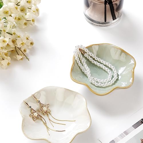 2PCS Lotus Leaf Shape Ring Holder Dish, Small Key Bowl, Ceramic Trinket Tray Jewelry Dish Organizing Necklace Earrings for Mom Friend Sister, All Jewelries Are NOT Included.White+Light Green. - Image 2