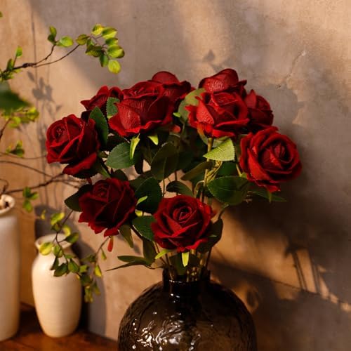 12 Pcs Artificial Rose Flowers, Dark Red Silk Roses with Long Stems, Realistic Fake Roses for Wedding Centerpiece Party Home and Office DIY Decor - Image 5