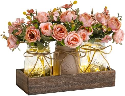 3 Pcs Mason Jar Centerpiece Table Decorations for Dining Table Decor Farmhouse Coffee Table Decor with Wood Tray and Led Light Table Centerpieces for Dining Room Kitchen Living Bathroom,Pink by Unknown