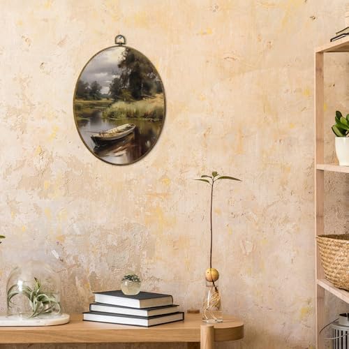 CUANFDDSF Vintage Rustic Lakeside Boat Oval Wall Art Decor, Farmhouse Country Wall Hanging Decor, Retro Countryside Landscape Framed Canvas Prints for Home Bedroom Living Room, 8.6x11.4 Inch - Image 4