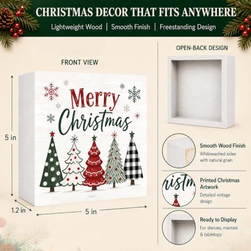 Christmas Decorations Plaid Tree Merry Christmas Wood Box Sign - Image 4