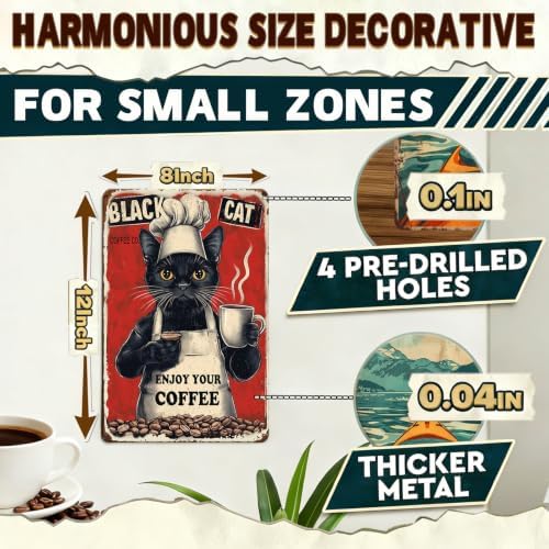 Metal Signs Black Cat Coffee Company Enjoy Your Coffee Sign Funny Vintage Tin Sign Sign Retro Wall Decor For Home Kitchen Office Farmhouse Yard Garden Shop Cafe Poster 12x8 Inch - Image 2
