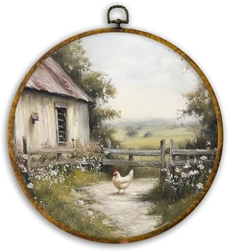 CUANFDDSF Vintage Countryside Farmhouse Chickens Round Wall Art, Rustic Cottagecore Kitchen Framed Hanging Wall Decor, Country Animal Scene Canvas Prints Decorations for Farm House Room, 10x10 Inch by CUANFDDSF