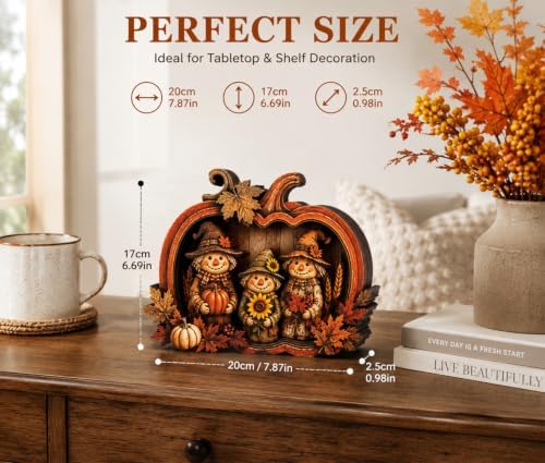 Vintage Wooden Scarecrow Pumpkin Fall Decor, 3D Fall Decorations for Home, Rustic Autumn Harvest Decor with Maple Leaves & Sunflowers, Thanksgiving Tabletop Decor for Shelf, Mantel, Farmhouse - Image 2