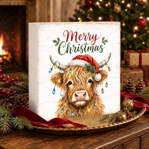 Christmas Highland Cow Decorations Wooden Box Sign Santa Hat Lights - Image 3