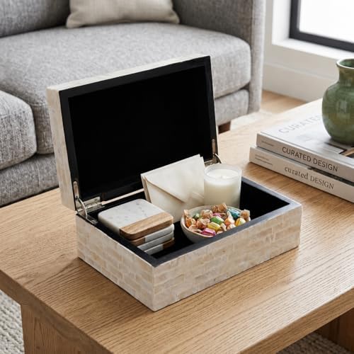 PEMAR Handmade Capiz Shell Decorative Box with Hinged Lid - 7.9x5.1x3.1 Pearlescent White Subway Tile Pattern Shell Storage Box, Luxury Gift Keepsake Organizer for Coffee Table Home Décor - Image 4