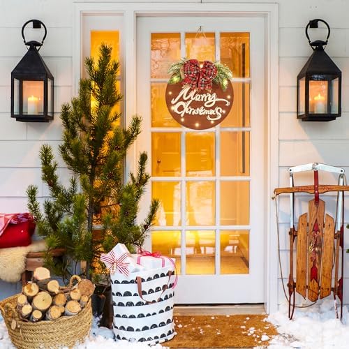 HOMCDALY Merry Christmas Sign for Front Door, Wooden Hanging Sign Door Decoration with 12 LED Light, Winter Welcome Wreath indoor outdoor Décor, Christmas Decoration. - Image 2