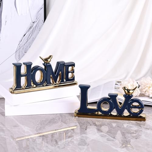 Love Sign Decor,Blue and Gold Room Decor Aesthetic, Knick Knack Shelf,Gold Bird Decor, Boho Bookshelf,Abstract Gold Statue,for Living Room,Bedroom, Contemporary Tv Stand Set of 2 (2, Blue) - Image 6