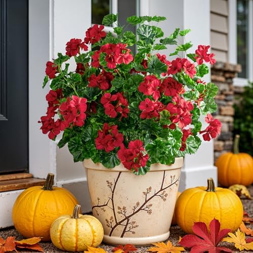 Artificial Geraniums for Outdoors, 8 Stems 17.7 Inch Red Faux Geranium Bush Fake Flowers UV Resistant Fall Porch Patio Garden Planter Window Box Indoor Decor, Pot Not Included by ENALGRE