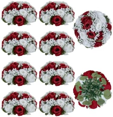 BLOSMON Fake Flowers Ball Wedding Centerpieces 10 Pcs Crimson Rose Babys Breath Artificial Flowers Center Pieces Decoration for Table Silk Kissing Floral Bouquet Arrangements for Home Party DIY Decor by Blosmon